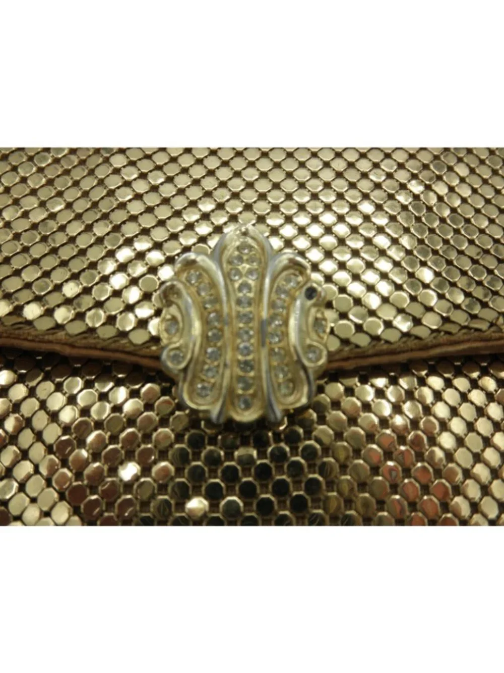Vintage Whiting and Davis Gold Metal Mesh Rhinestone Clasp Clutch Purse FLAWS
